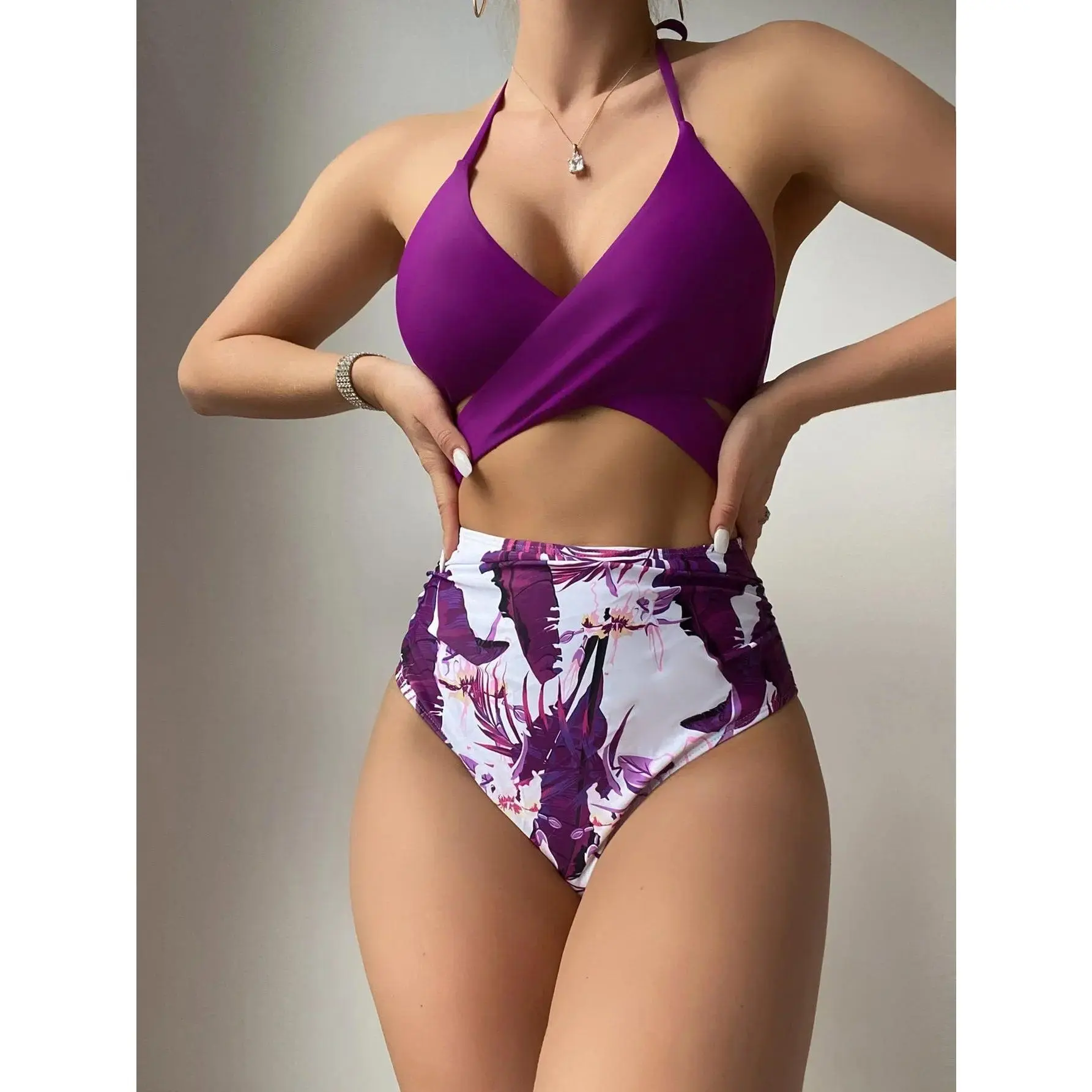 2024 New Women High Waist Bikini Set Halter Push Up Bikini Swimwear Printed Swimsuit Vintage Purple Bathing Suit Beachwear Pool