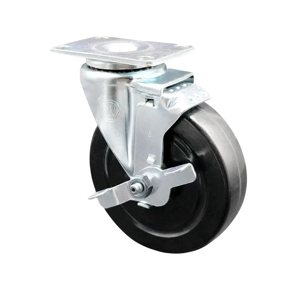 Service Caster SCC-SS20S514-HRS-TLB Stainless Steel Lockable Swivel Caster with Ball Bearings, Chemical Resistant Hard Rubber Top Plate, 5x1.25 Inches Black Wheel, Top Locking Brake, Light Duty Design