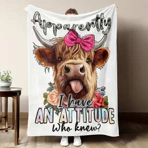 1Pc Rustic Flannel Throw Blanket With Cute Highland Cow Design - Soft, Warm, And Cozy For Sofa, Bed, Or Office - Perfect Gift For Valentine'S Day Or Mother'S Day, Cow