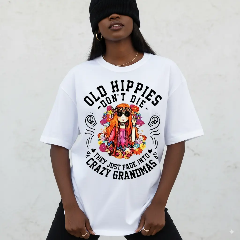 Women's Vintage Hippie T-Shirt with Floral Peace Sign Graphic, Comfy Round Neck Streetwear Top for Festivals