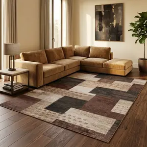 Living Room Rug Brown Grid Printed Pattern Large Washable Carpet, Non Slip Backing Modern Durable Area Rug for Bedroom Dining Room Home Office Home Decor Patio Balcony