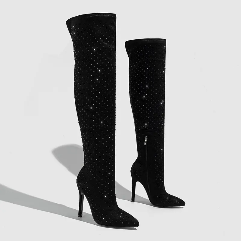 Women's Rhinestone Stretchy Thigh-High Pointed Toe Stiletto Heel Bling Long Boots, Side Zip, Watch Party Statement Shoes for Fall Winter Night Out Events