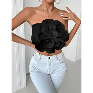 Elegant Off-Shoulder Floral Tube Top for Women - Vibrant Red 3D Flower Design, Stretchy & Breathable Fabric, Perfect for Spring/Summer/Fall Casual Wear, Strapless Blouse | Vibrant Floral Top | Stylish Offshoulder, Floral Shirt