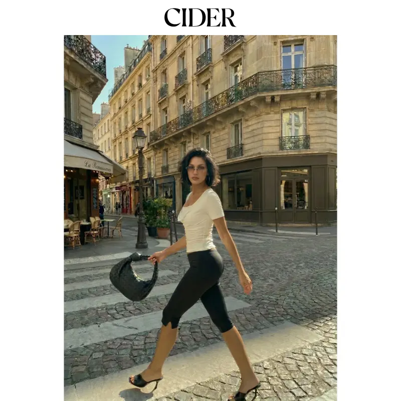 Cider Women's Basic High Stretch Leggings, Casual Low Rise Knee Length Bottoms with a Front Slit Hem, Minimalist, Bottom