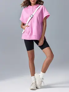 Women's Lady Oversized Half-Zip Short-Sleeve Hoodie, Basic Casual Kangaroo Pocket Sweatshirt, Relaxed Fit Pullover Top, Hoodie And Sweatshirt
