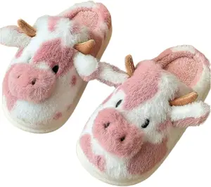 Cartoon Cow Cotton Slippers,Cute Cozy Fuzzy  Slippers For Women Men,Winter Warm Plush Comfy Indoor Outdoor Slippers