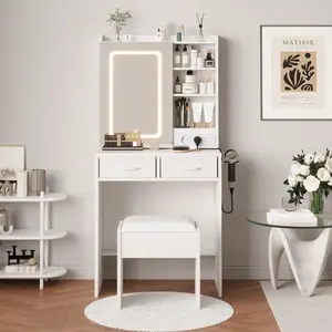 Modern Makeup Vanity Desk with LED Mirror, Adjustable Lights – 2 Drawers, Open Shelves, Charging Station with Power Outlets & USB Ports, Cushioned Stool – Sleek Bedroom Vanity Set