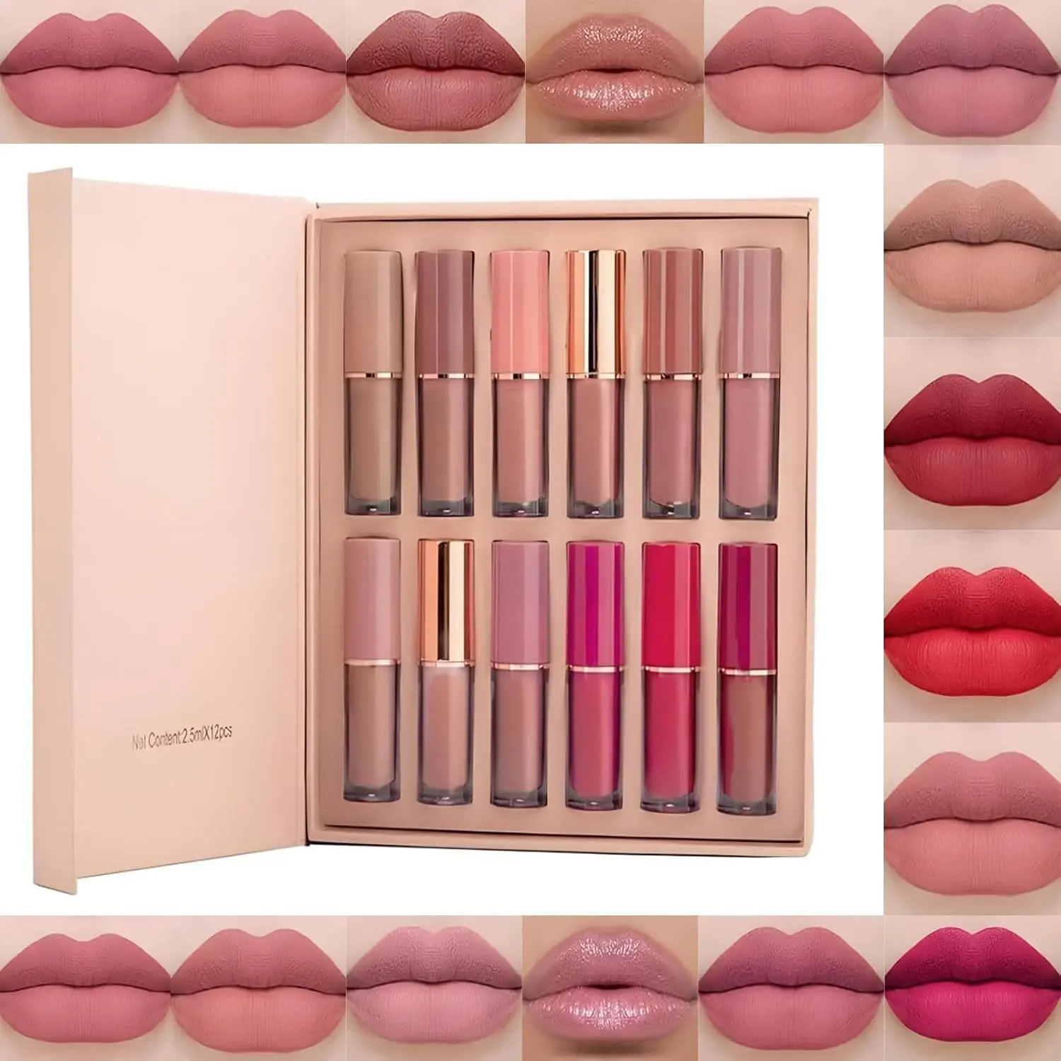 12-Colour Lip Gloss Set, Pearl Matte Lipstick Gift Set, Non-Stick Lip Gloss, Lip Oil Liquid Lipstick，24 Hours Long Lasting Waterproof Nude & Dark Red Lip Gloss Makeup Gift Kits for Girls & Women Balm Silky