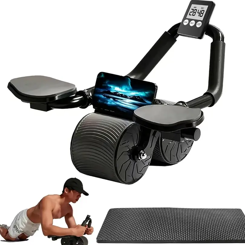 Ab Roller Wheel Ab Trainer Machine for Core Muscle Training, with Digital Timer, Phone Holder, Smart Rebound Dual-Wheel Design, Eco-Friendly Home Fitness Tool