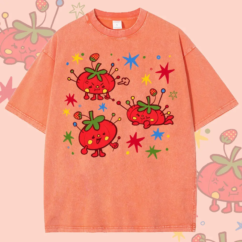 Men's Casual Cotton Short-Sleeve T-Shirt - Vintage Washed Beige Top, Cute Tomato Pincushion Characters Graphic, Whimsical Food Art Print, Gift For Kawaii Craft Lovers, Tshirt, Shortsleeve, Fit, Unisex, Fabric, Good Graphic Tees, Whimsy Tops