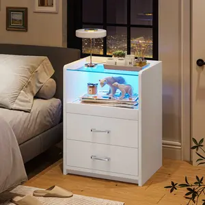 Sikaic 2-Pack LED Lighted Vanity Nightstand, White Stylish Bedside Table with 2 Storage Drawers, Indoor Furniture Bedside Cabinet, Lighted Vanity Table
