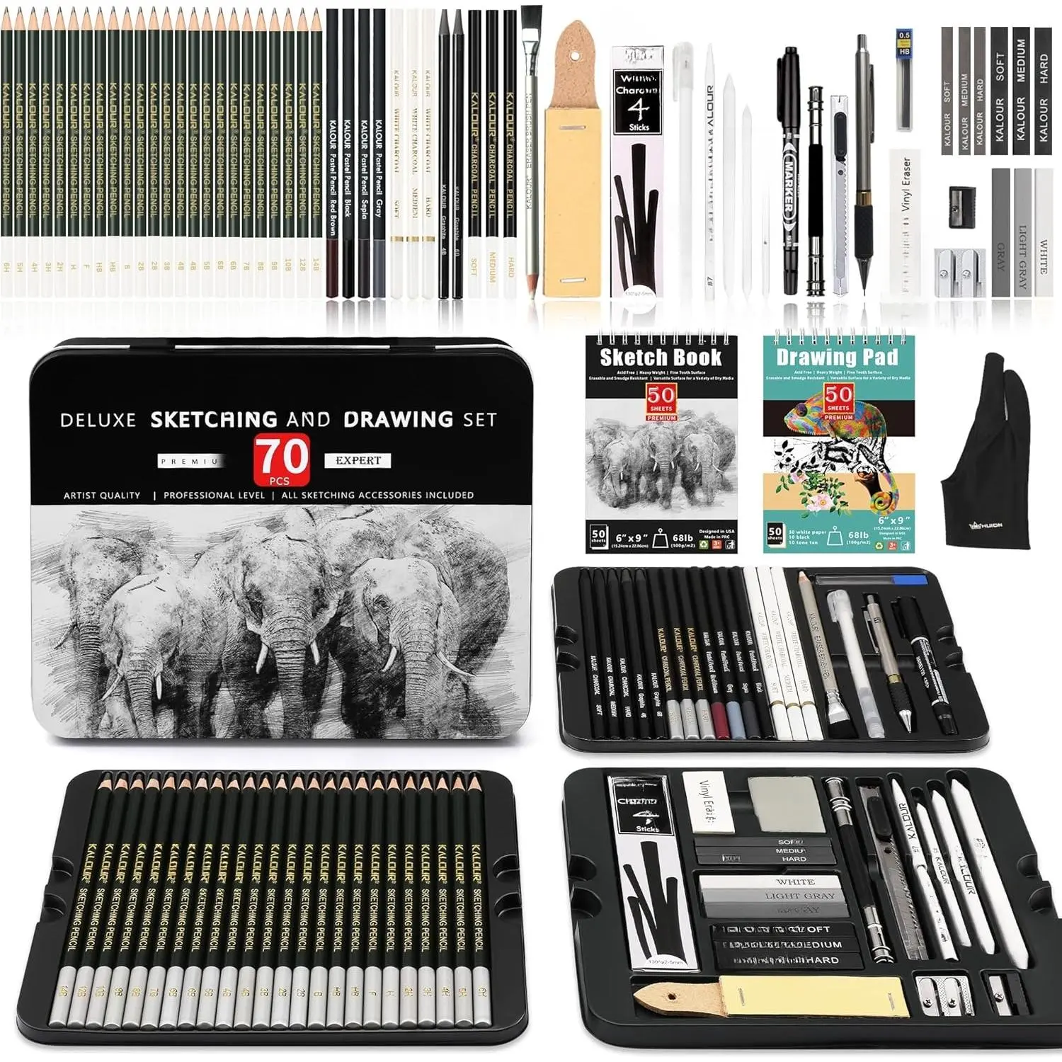 72-Pack Sketch Drawing Pencils Kit with Sketchbook and 3-color Drawing Paper,Tin Box,Include Graphite,Charcoal,Drawing Glove and Artists Tools,Pro Art Drawing Supplies for Adults Beginner