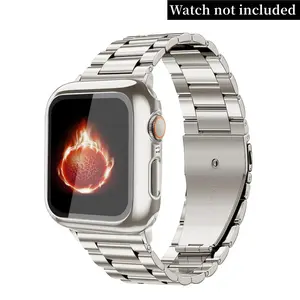 Stainless Steel Watch Band with Tempered Glass Screen Protective Case, 1 Set Replacement Watch Band Compatible with Apple Watch Series