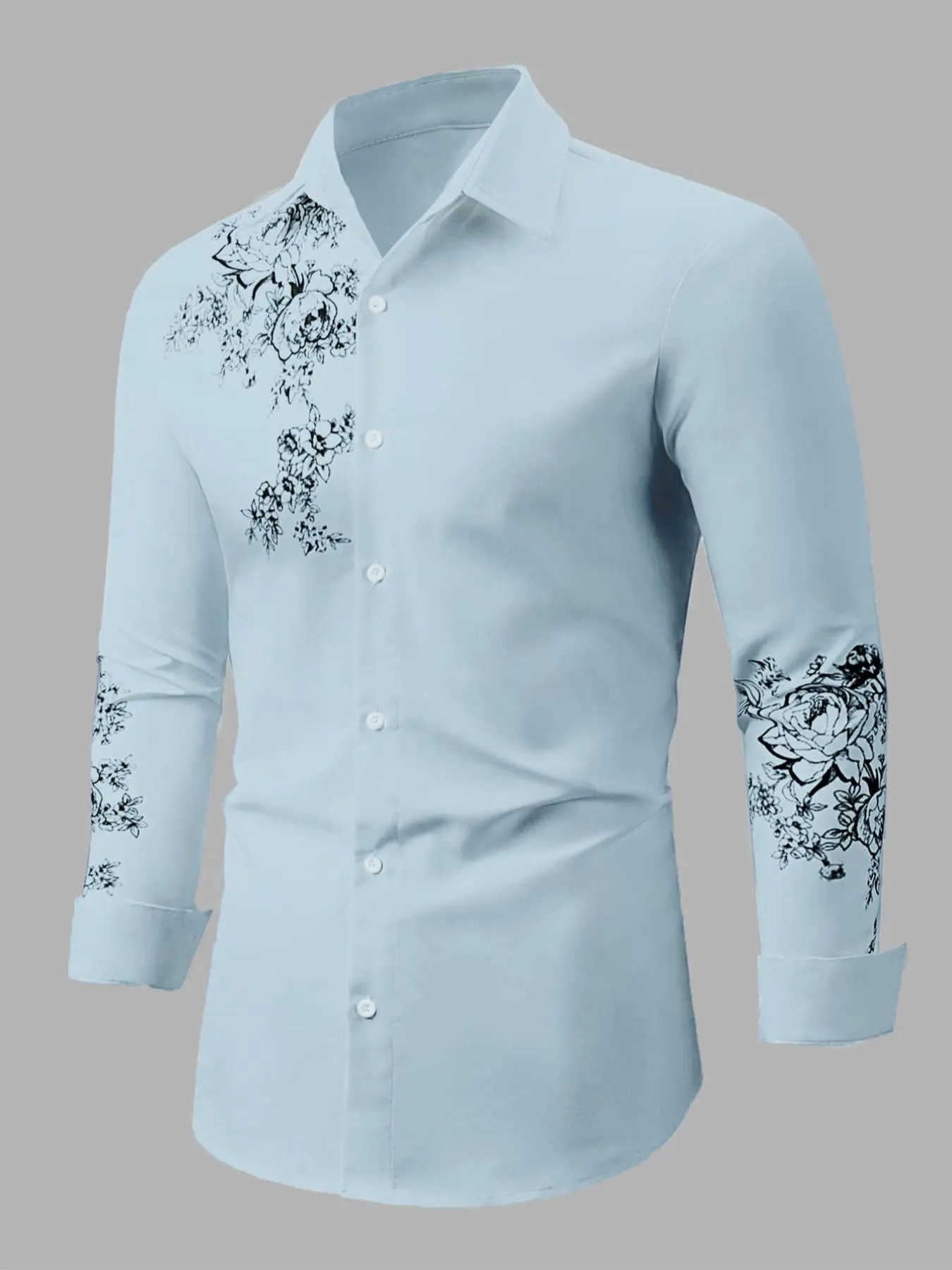 Men's Baroque Floral Print Slim Fit Long Sleeve Shirt, Casual Loose-Fit Button Front Top for Summer, Casual Summer Style, Woven Fabric Moderate Thickness, Menswear
