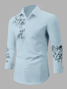 Men's Baroque Floral Print Slim Fit Long Sleeve Shirt, Casual Loose-Fit Button Front Top for Summer, Woven Fabric Moderate Thickness