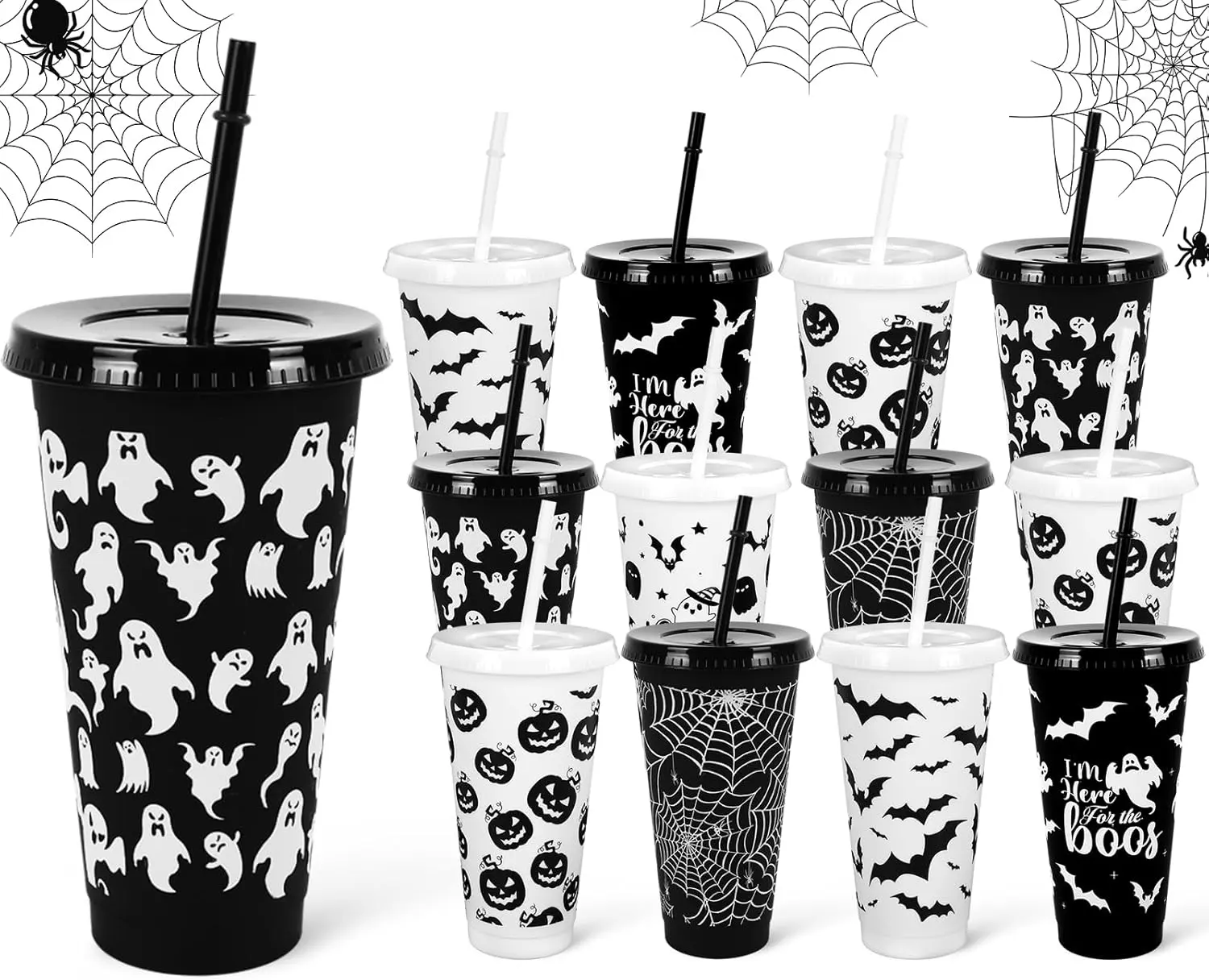 Summer Gift 24Pcs Halloween Plastic Cups with Straws Lids 24oz Reusable Ghost Bat Pumpkin Spider Web Plastic Tumbler Black White Cold Cups for Halloween Home Office Party Supplies
