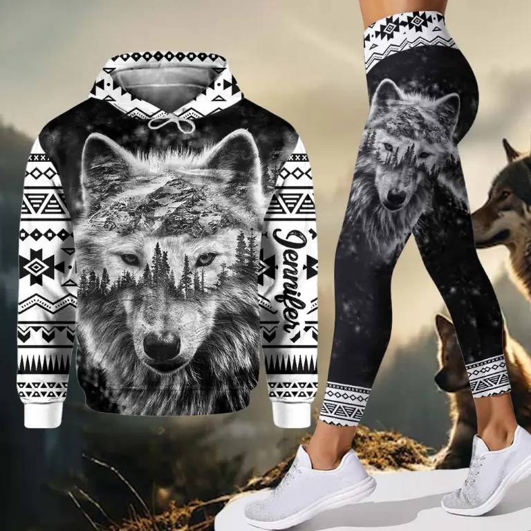 Strong Wolf Personalized Hoodie & Leggings Set – Custom Name Wolf Lover Outfit, Matching Loungewear Gift for Women