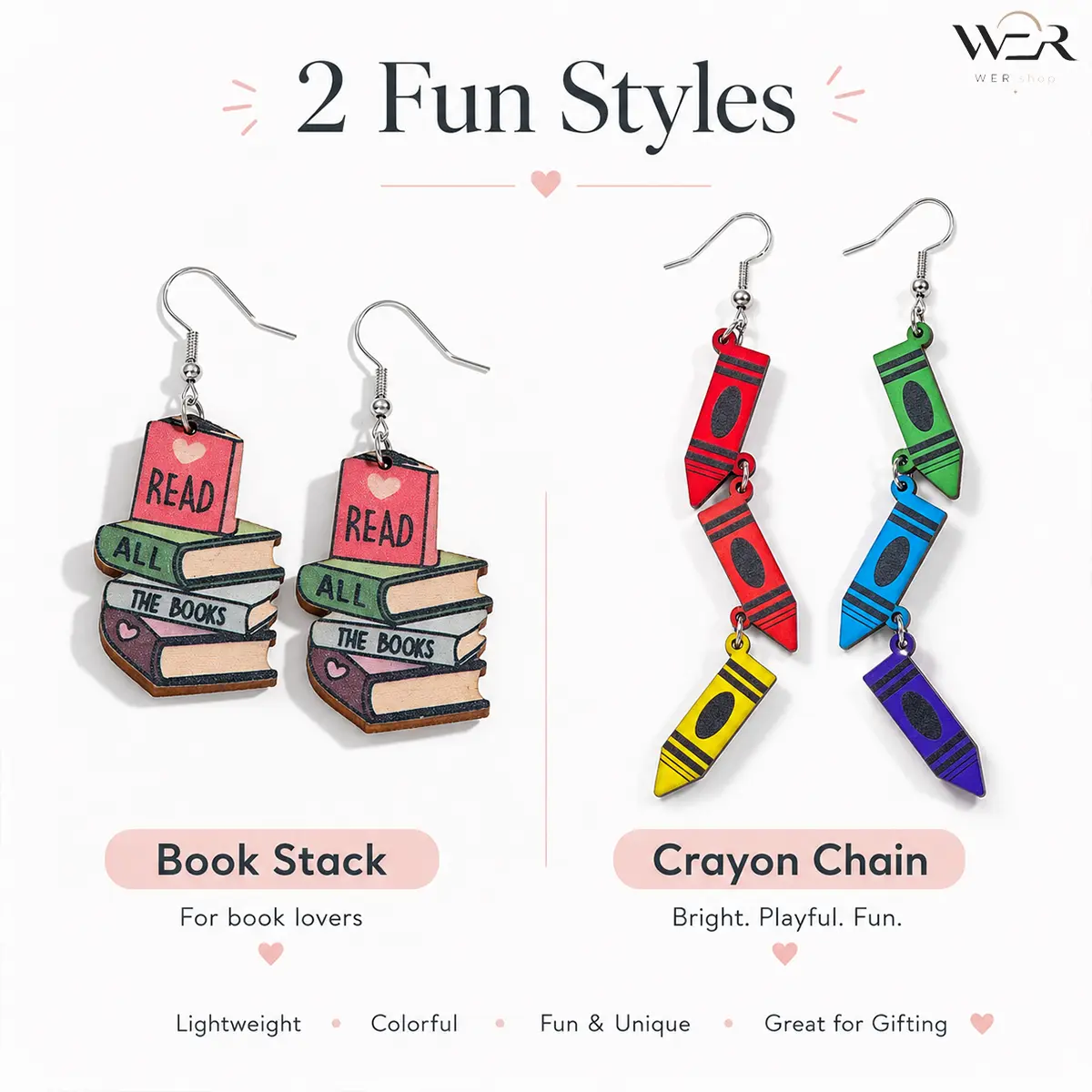 Women's Statement Jewelry with Creative Style, Lightweight Wooden Dangles - Fashion Accessory, Perfect Gift for Book Lovers & Teachers, Book Stack, Crayon Chain, Daily, Casual, Colored
