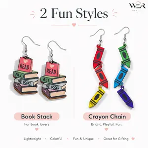 Book Stack Crayon Chain Fun Earrings Colorful Wooden Statement Jewelry for Women Girls Daily Teacher Gift