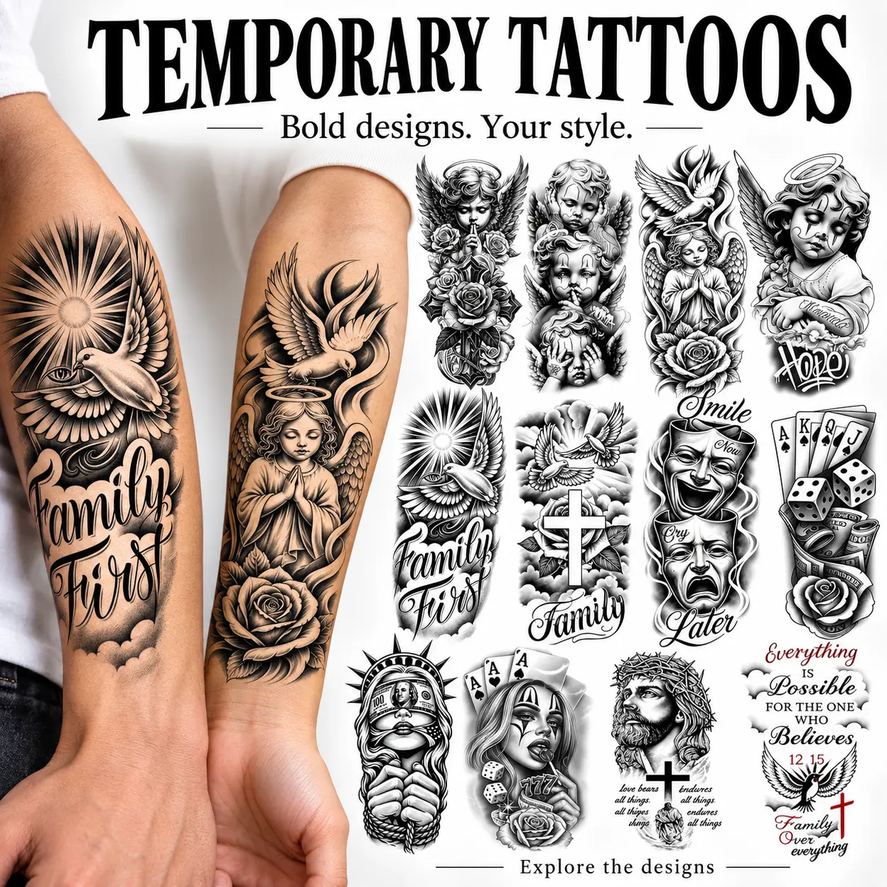 EYSHOP 12 Sheets  Jesus Angel Temporary Tattoos For Men Women Adults Forearm Cholo Chola Tattoo Sticker, Realistic Pigeon Dove Christian Faith Fake Tattoos Family Believes Temp Tatoos