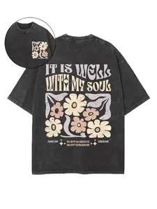 Unisex ChristmasFloral IT IS WELL with MY SOUL Print Men's Washed Casual Graphic T-shirt: 230G Cotton Short-sleeve Top, Machine Washable, StyleChristmas: A Holiday Gift for Family and Friends