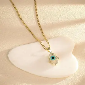 14K Solid Gold Hamsa Necklace 2mm Evil Eye Pendant Real Gold 16" 18" Chain Jewelry Lightweight Elegant Everyday Wear