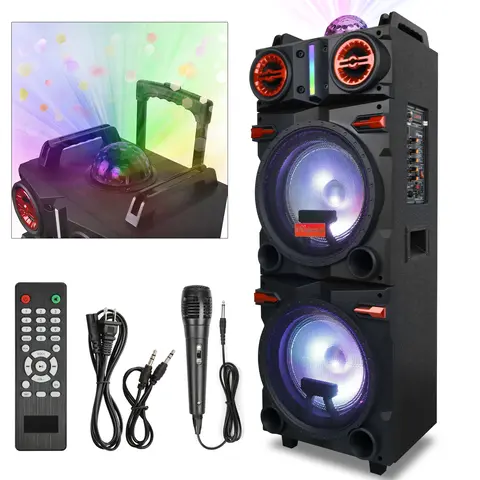 DAZONE Portable Bluetooth PA Audio Surround Sound System - Rechargeable Battery Multi-Speaker Unit with Dual 10" Subwoofers, 3" Tweeter, High Power, Wired Microphone, FM Radio, LED Lights, Remote Control, Guitar Compatibility, Bluetooth Music Support