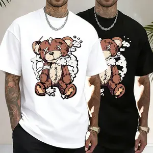 Streetwear brand broken bear print short-sleeve T-shirt, unisex oversized fit, black and white two colors, retro hip-hop style, loose and versatile—essential for everyday streetwear/skateboarding outfits!