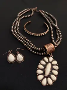Vintage Western Style Jewelry Set with Necklace Earrings and Cuff Bracelet Antique Copper Tone Statement Jewelry