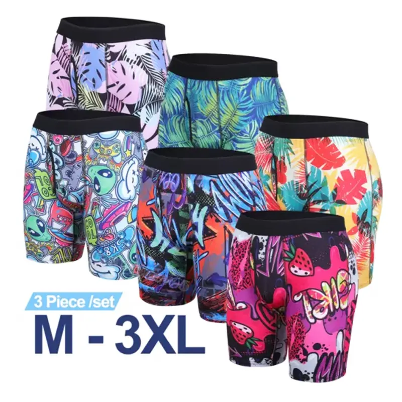 cattibor Men's Plus Size 3-Pack Long Leg Animal Print Boxer Briefs - Stretch Spandex, Anti-Chafe, No-Ride Up Fit, 3D Pouch - Chic Preppy Korean Style for Party Daily Wear, Sweet, Boyshorts, Fantasy, Street, Basic, Boxers/Trunks, Cute, Retro, High-Capacity