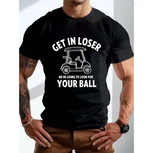 Lady's Soft Smooth Short-Sleeve Cotton Seamless Tee, Black Solid Fabric, Round Neck, "Get in Loser" Graphic, Golf Cart Casual Comfy Fit, Machine Washable