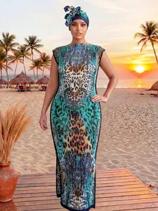 Elegant Leopard Print Beach Cover-Up Dress with Matching Headband, Casual All Seasons Shawl Dress and Sun Protection Scarf, Beach Cover Ups, Beach Swimsuit Cover