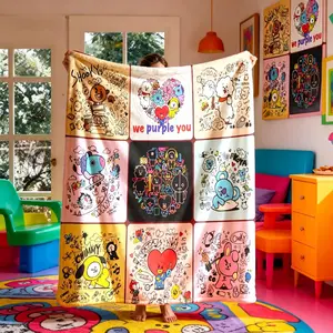 Bt21 Cartoon Heart Doodle Patchwork Plush Cartoon Pattern Blanket, Large Size, Soft Lightweight Warmth for All Seasons, Perfect for Bed Sofa Travel & Gifts