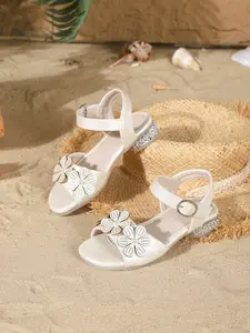 Girls' Ivory/Peach Pearl Flower Decor Open Toe Ankle Buckle Soft Non-Slip Low Heel Sandals | Sweet Princess Style for Daily Wear / Performance / Outing / School