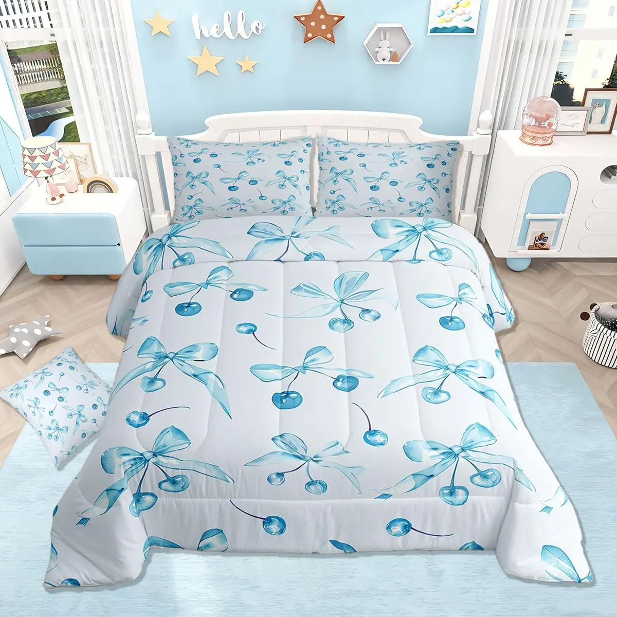 Kawaii Oriental Cherry Bedding Set Princess Comforter Bedroom Decor Watercolor Bow Duvet Set Cute Fruit Breathable Soft Lightweight Microfiber