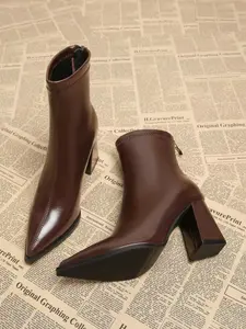 Women's Fashionable Comfort Boots Spring & Fall 2026, Stylish Slimming Pointed Toe Chunky Heel Short Booties, PU Material