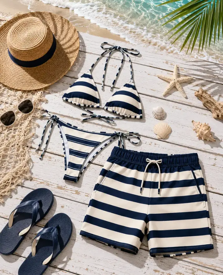 American Style Abstract Print Matching Couple Swimwear Set, Women's Tie-Side Bikini & Men's Board Shorts with Pockets for Beach Vacation