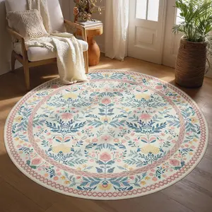 Bohemian Floral Washable Round Carpet, Indoor Non-Slip Boho Floral Rug, Bohemian Area Rug, Washable Rugs for Living Room Bedroom Sofa Coffee Table Home Decor