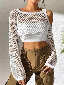 Women's Solid Color Hollow Out Crop Cover Up Top, Swimsuit Cover Ups, Casual Long Sleeve Crochet Top for Beach Holiday Vacation, Ladies Clothes for All Seasons