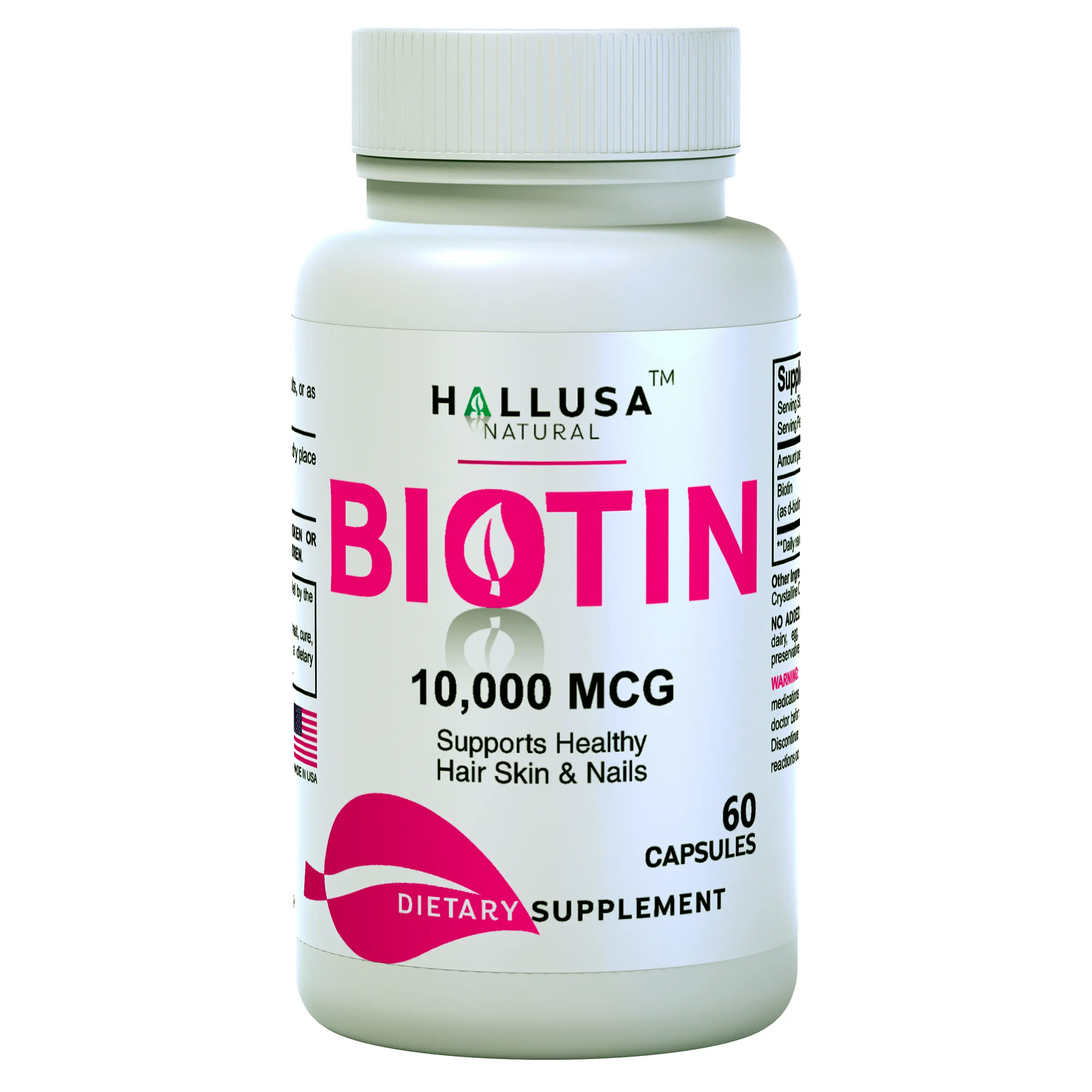 Hallusa Natural Biotin 10000 mcg Nutrient Supplement, 1 Bottle (60 Hair Vitamin Capsules) - Organic Vegan, Gluten-Free, GMO-Free Dietary Support for Hair Growth, Skin Care, Nails