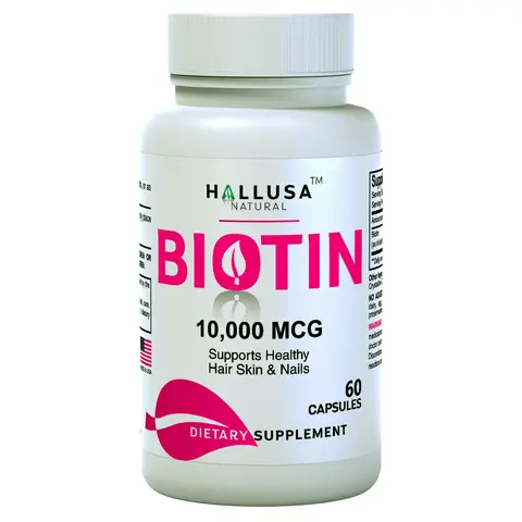 Hallusa Natural Biotin 10000 mcg Nutrient Supplement - 1 Bottle (60 Fast-Dissolving Organic Vegan Capsules), Sugar-Free, Gluten-Free, Non-GMO, Biotin-Enhanced Support for Adults' Hair, Skin, Nail Care