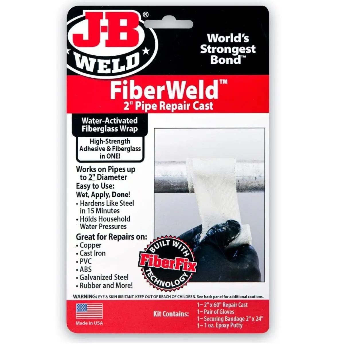 J-B Weld FiberWeld Fiberglass Pipe Repair Cast - 2 in Size (Works on Pipes Up to 2 in), Anti-Corrosive, Galvanized Steel & Cast Iron Compatible, 1 oz Epoxy Putty, Water Pressure Resistant, 0.29 lbs Weight, Fiber Glass, 1 Ounce Epoxy Putty
