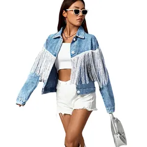 Plus Size Women's Crop Denim Jacket Tassel Casual Jean Coat With Fringe Fitted Long Sleeve Bohemian Essential Fall Jean Jacket Clothing