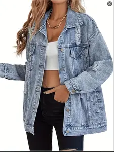 Plus Size Women's Loose Fit Casual Denim Jacket, Washed Ripped Effect, All-Season Versatile Elegant Street Style Coats Outerwear Womenswear Fashion
