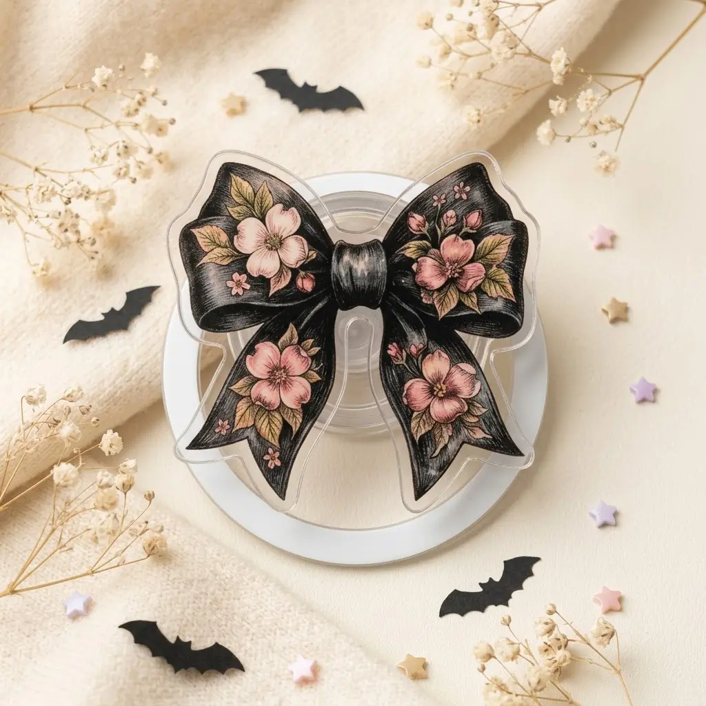 Coquette Black Bow Phone Grip, Aesthetic Pink Floral Phone Stand, Cute Vintage Ribbon Griptok for iPhone, Girly Collage Phone Holder Accessory