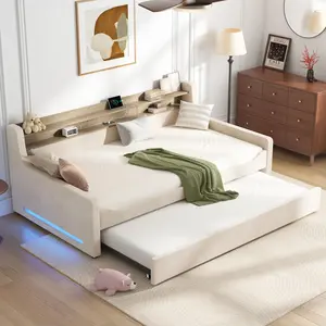 [Summervibes] ALBOTT Twin Daybed with Trundle and LED Night Light, Upholstered Velvet Bed Frame with Storage Headboard, USB Charging, Space-Saving for Bedroom, Living Room, Guest Room, No Box Spring
