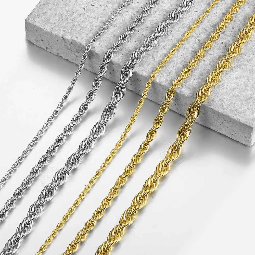 Hermah 3/5/7mm Twisted Rope Link Chain Golden Stainless Steel Necklace for Men Unisex Chain Silvery Valentine Birthday Gifts 16-30inch