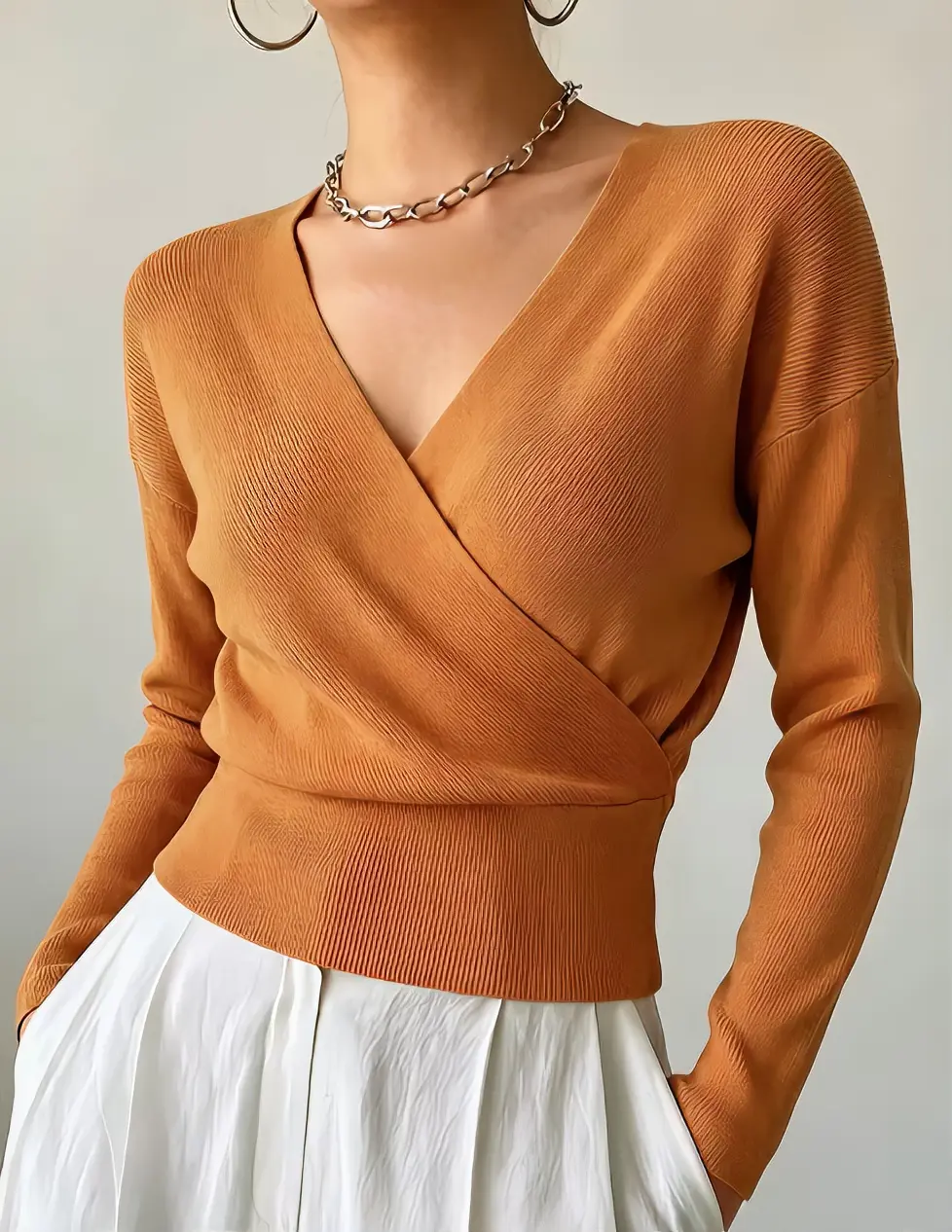 Women's autumn/winter cross-neck knit pullover sweater, stylish, versatile, loose fit, machine washable long-sleeved knit sweater.