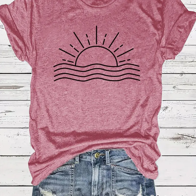Women's Sun Print Round Neck Tee, Casual Everyday Fashion Fitted Short Sleeve T-shirt for Summer, Ladies Clothes for Daily Wear, Top, Womenswear