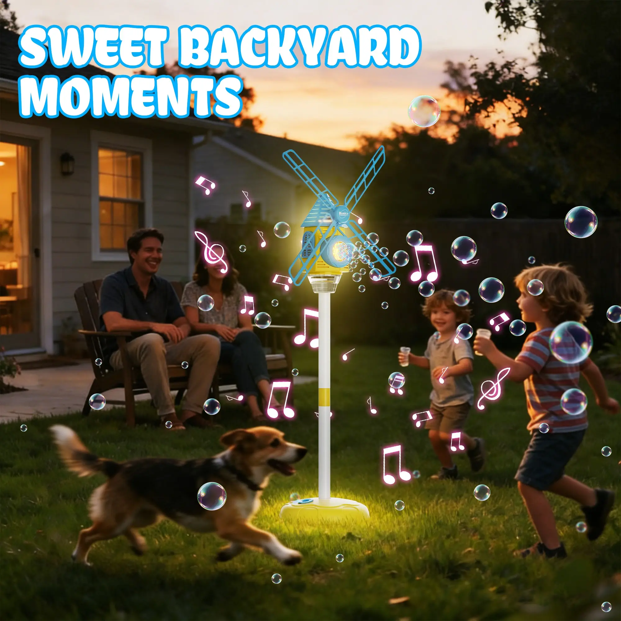 Colorful Windmill Bubble Machine for Kids over 3 Years, Automatic with Music and LED Lights, Adjustable Height, Includes 50ML Concentrated Liquid
